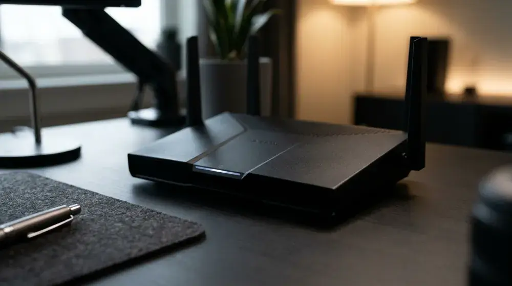 Modern Wi-Fi 7 router on a wooden shelf